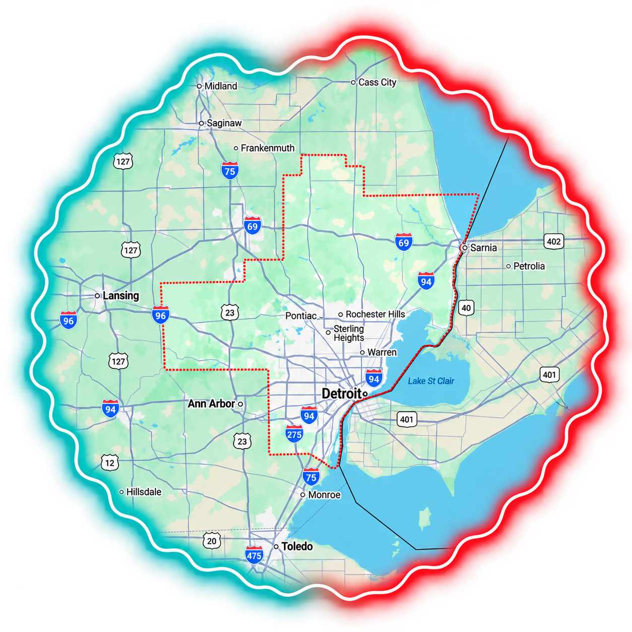 Map of the New Evolution Heating Cooling & Electrical service area across Detroit and Metro Detroit, MI